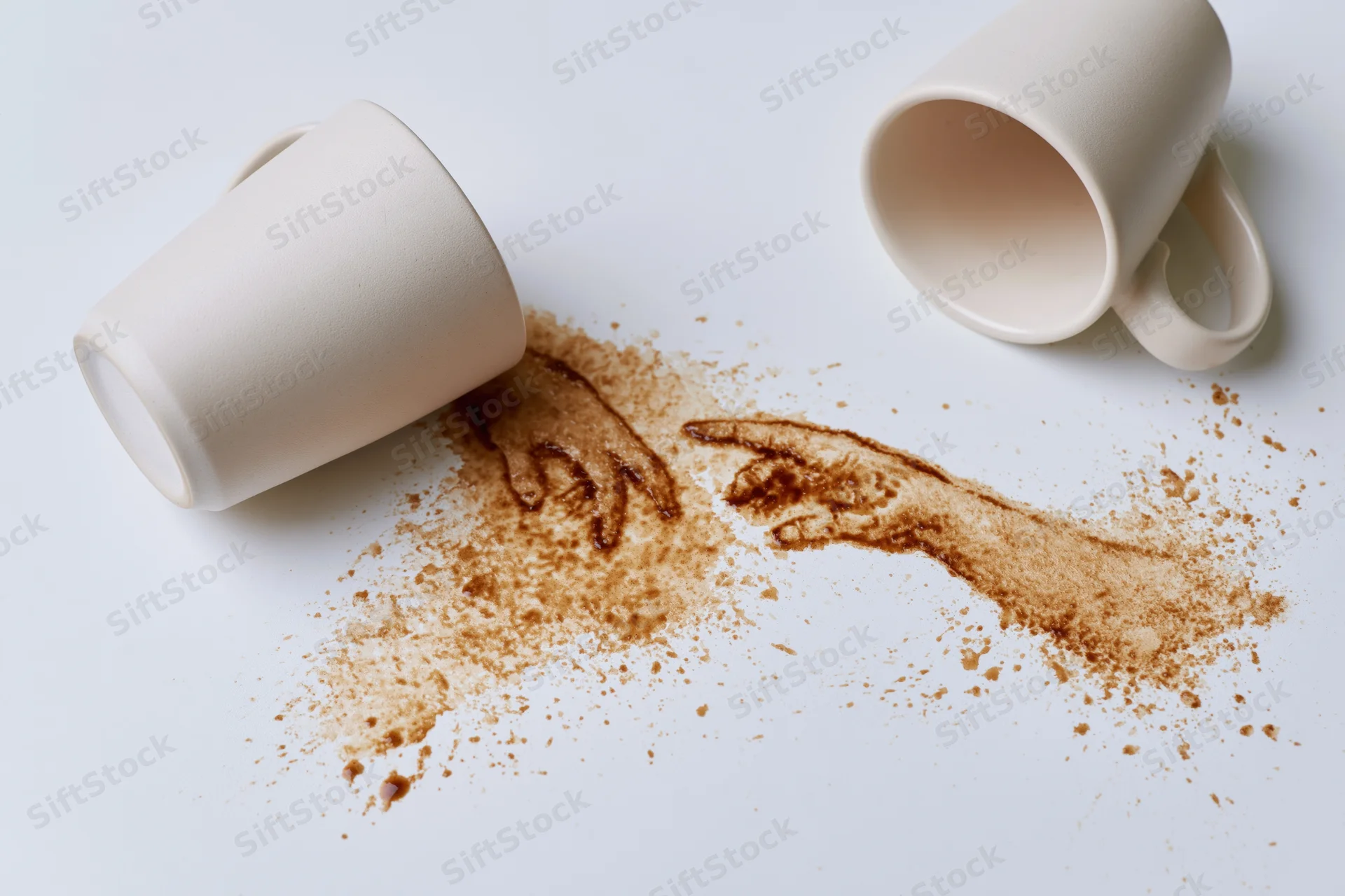 Two tipped-over white ceramic coffee cups on a white surface with coffee spill forming handprints