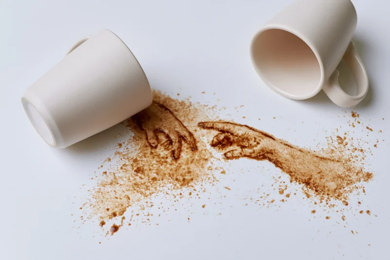 Two tipped-over white ceramic coffee cups on a white surface with coffee spill forming handprints
