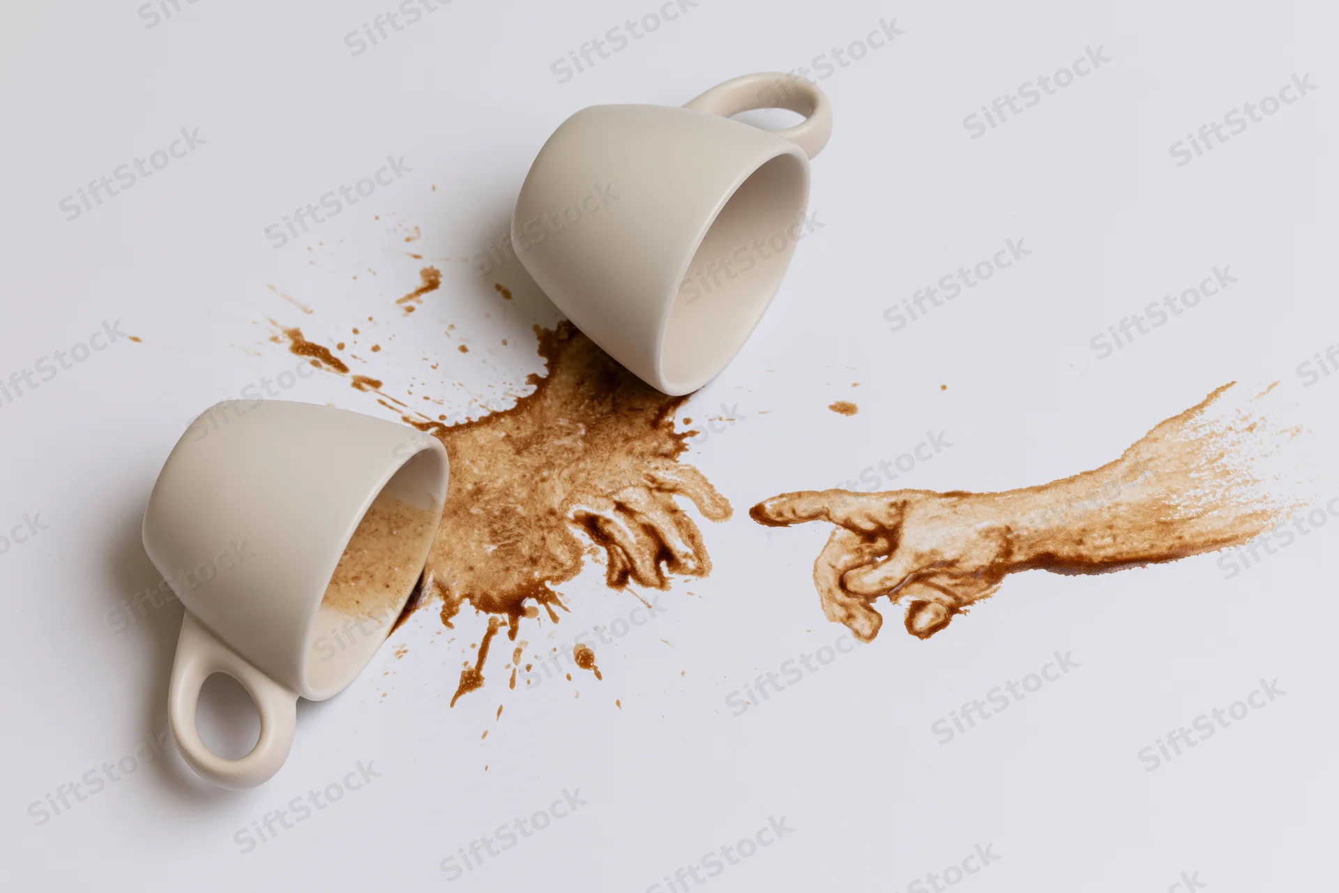 Two tipped-over white ceramic coffee cups on a white surface with coffee spill forming a hand gesture pointing toward the right