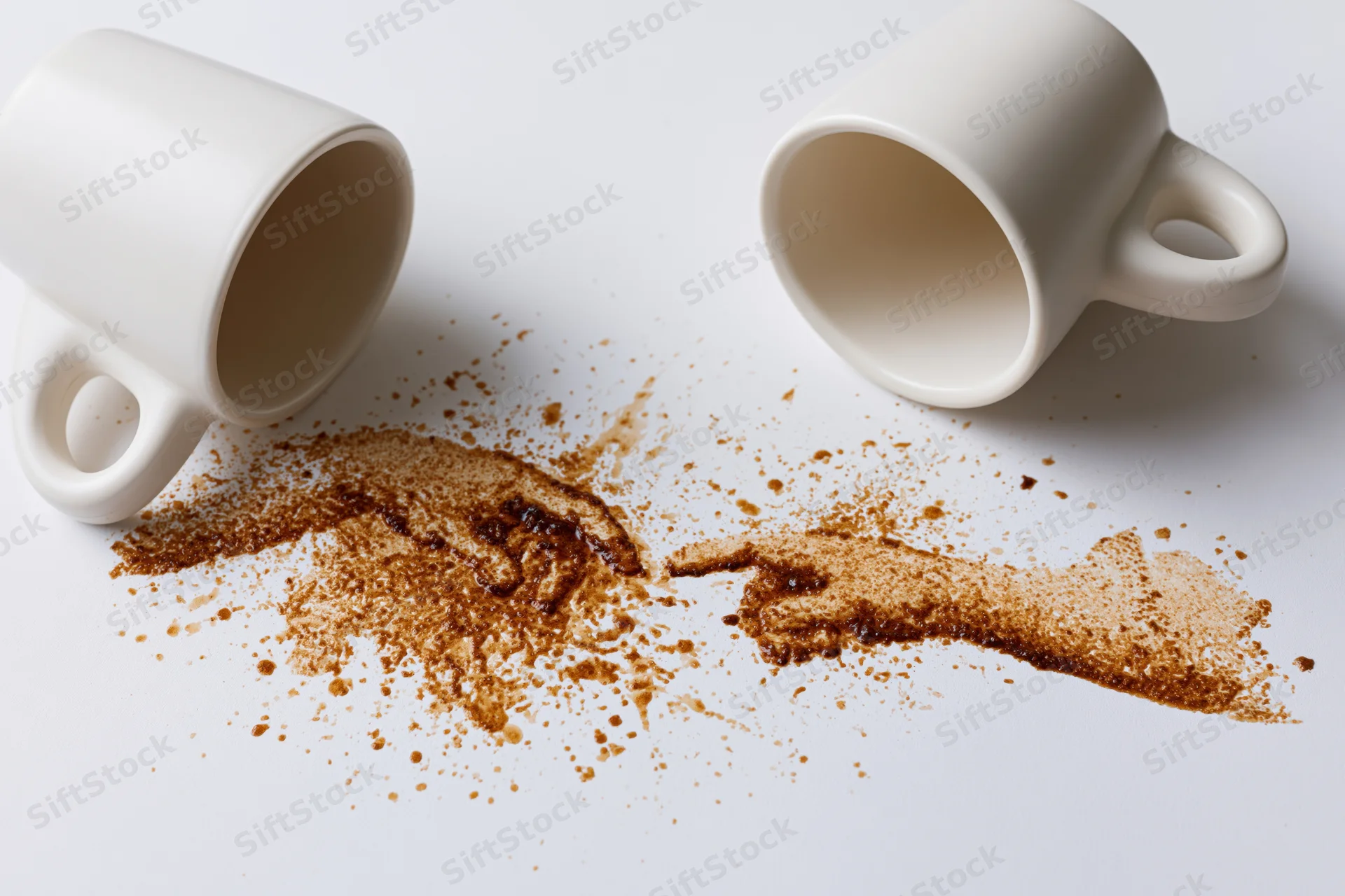 Two tipped-over white ceramic coffee cups with spilled brown liquid on a white surface