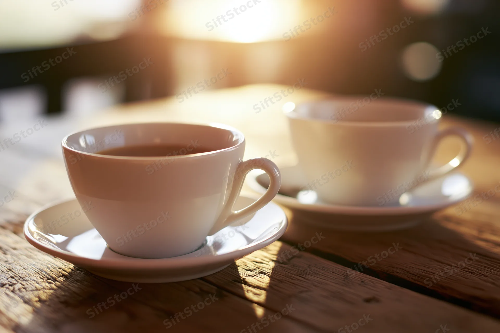 Two white ceramic coffee cups on saucers resting on a worn wooden table in warm morning light