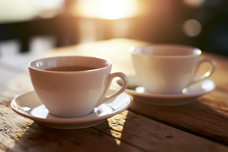 Two white ceramic coffee cups on saucers resting on a worn wooden table in warm morning light