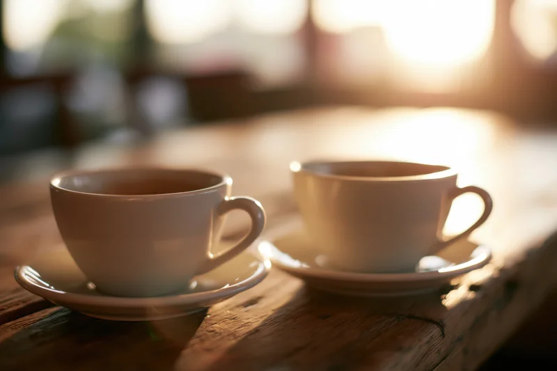 Two white ceramic coffee cups on saucers resting on a worn wooden table in warm sunlight