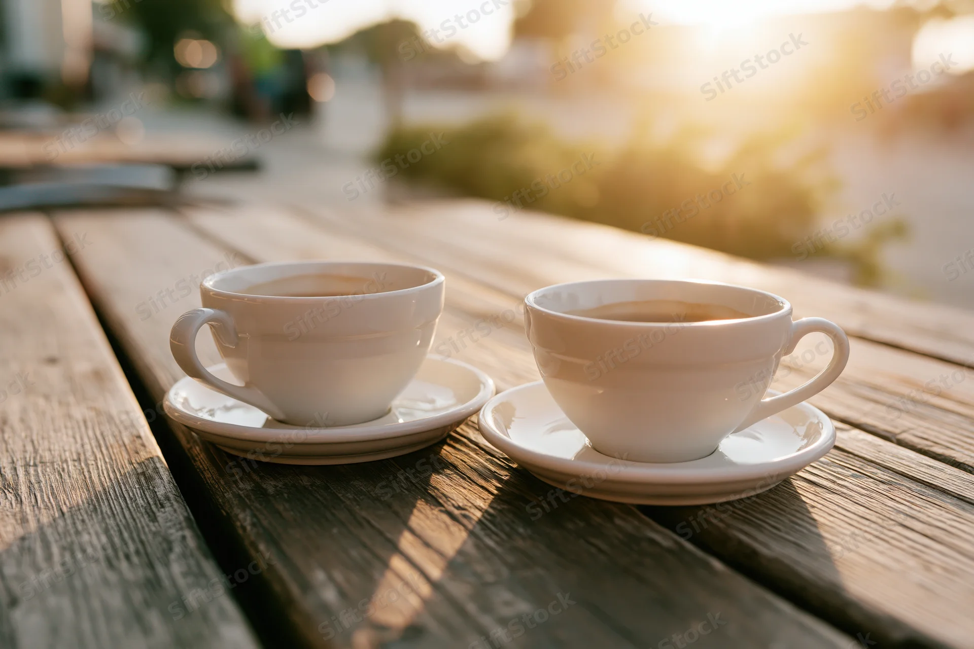 Two white ceramic coffee cups on saucers on a weathered wooden table outdoors in morning sunlight