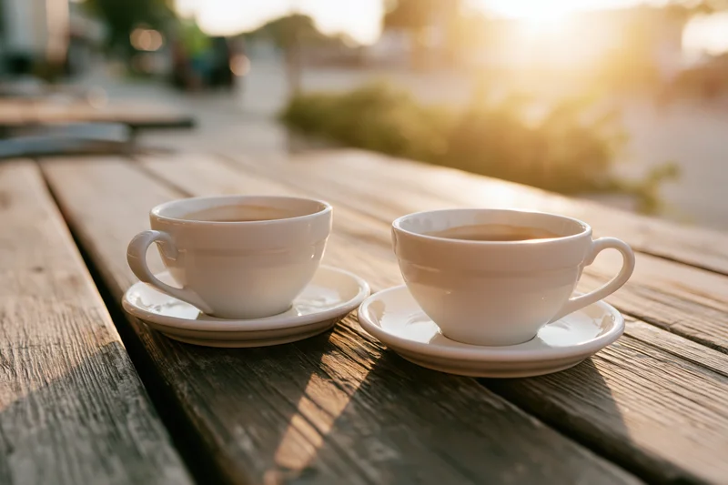 Two white ceramic coffee cups on saucers on a weathered wooden table outdoors in morning sunlight