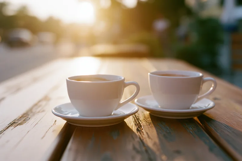 Two white ceramic coffee cups on saucers on a weathered wooden table outdoors in morning sunlight