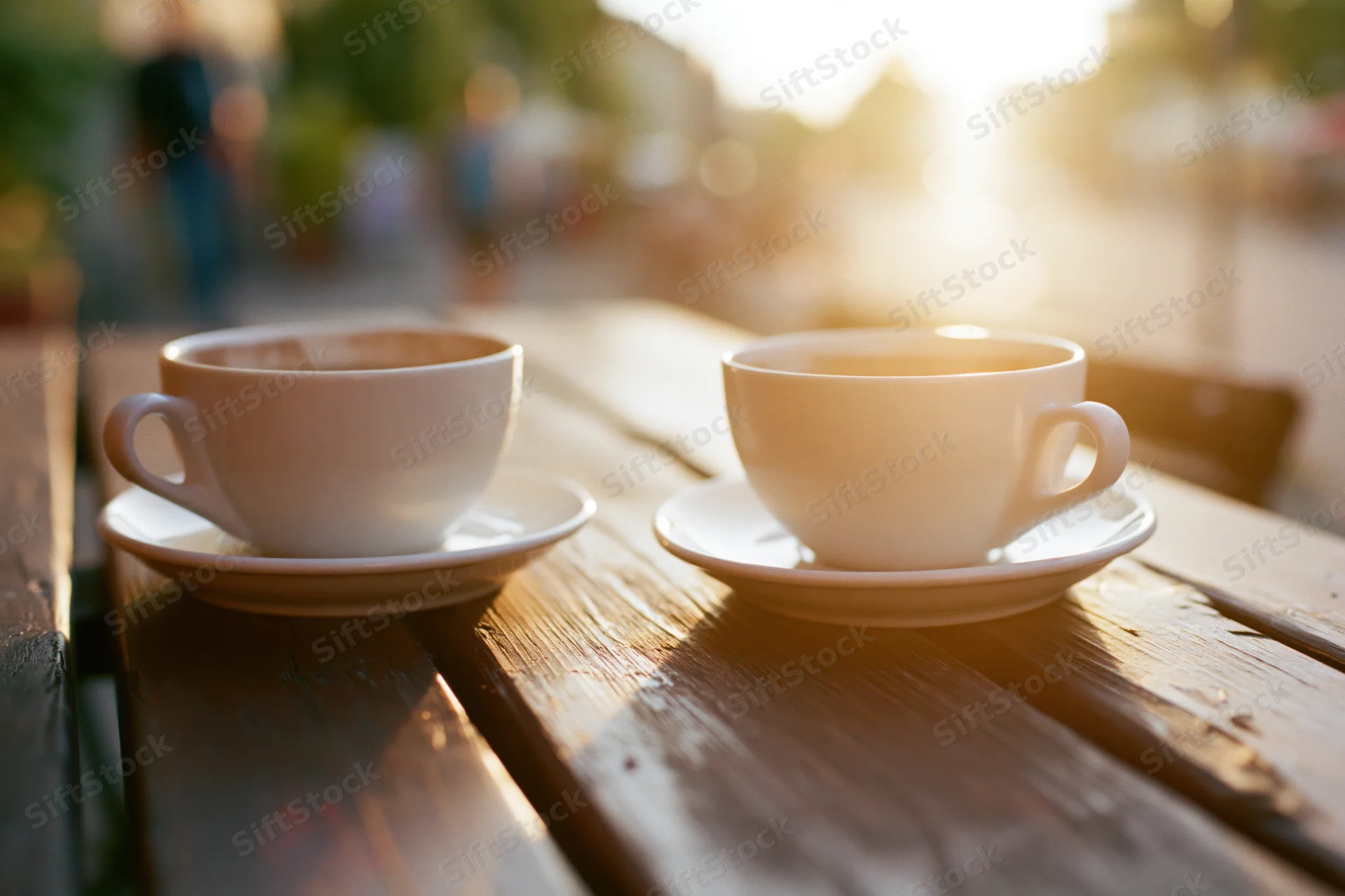 Two white ceramic coffee cups on saucers on a worn wooden table outdoors in warm sunlight