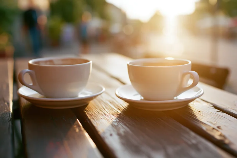 Two white ceramic coffee cups on saucers on a worn wooden table outdoors in warm sunlight