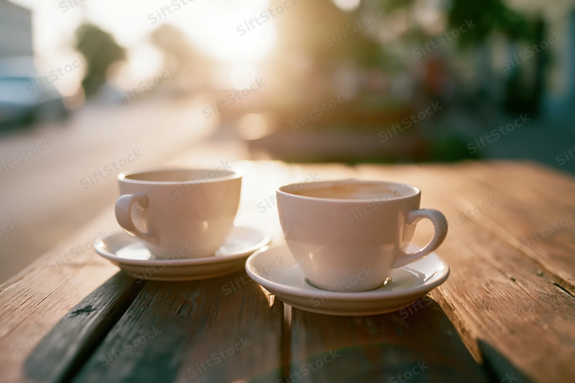 Two white ceramic coffee cups on saucers on a wooden table outdoors in morning sunlight