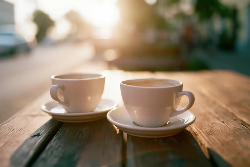 Two white ceramic coffee cups on saucers on a wooden table outdoors in morning sunlight