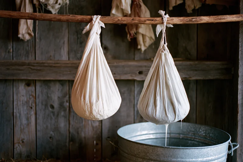 Two cloth bags filled with curds hanging from a wooden beam above a metal bucket in a rustic barn interior