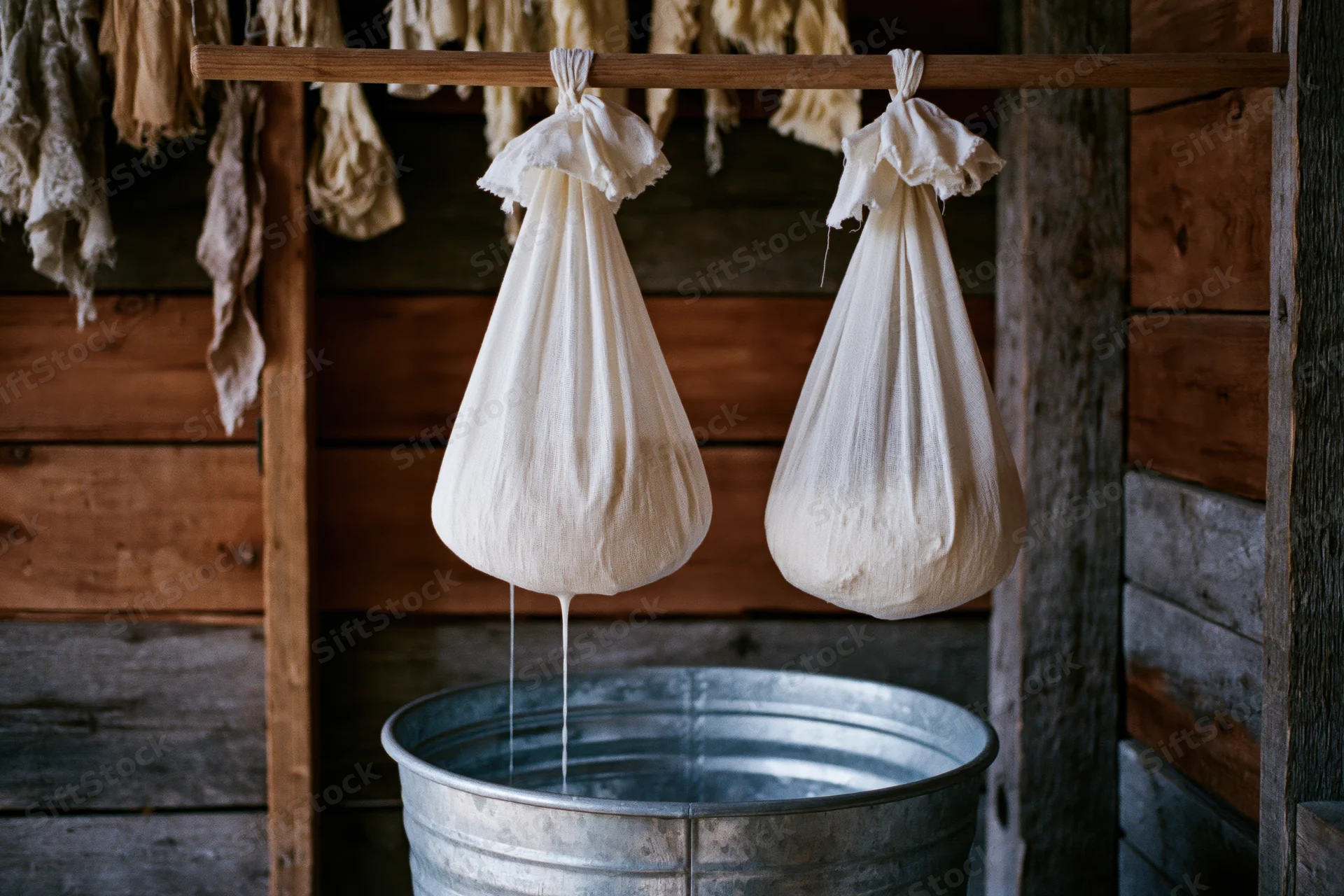 Two white cloth bags filled with curds hanging over a metal bucket in a rustic wooden shed