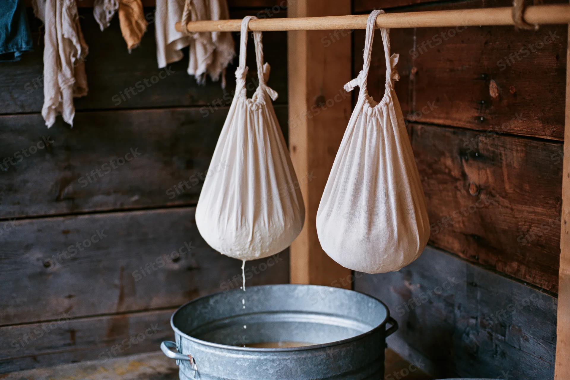 Two white cloth bags filled with curds hanging over a metal bucket in a rustic wooden farmhouse kitchen