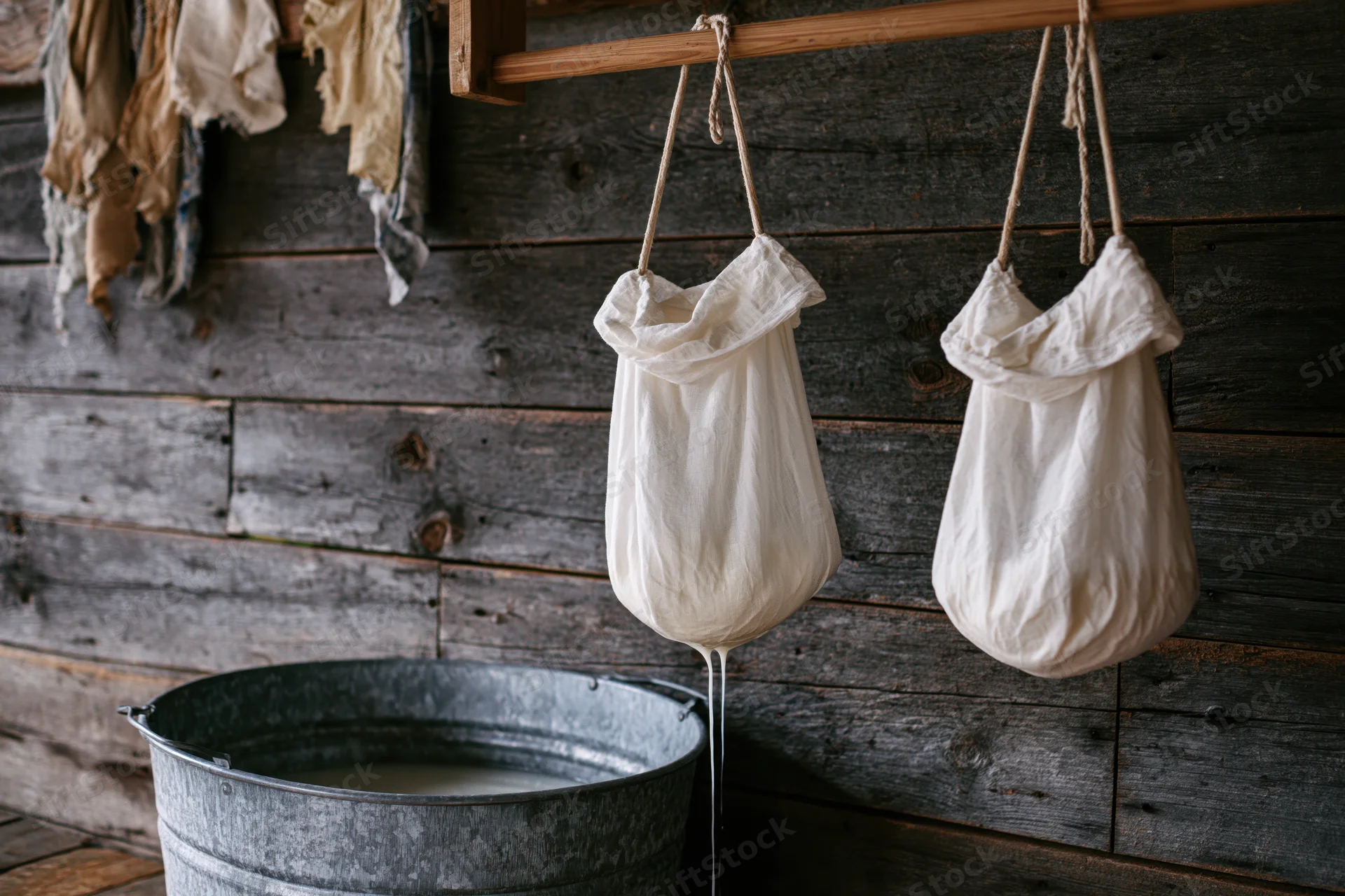Two white cloth bags filled with curds hanging from a wooden beam above a metal bucket in a rustic farmhouse setting