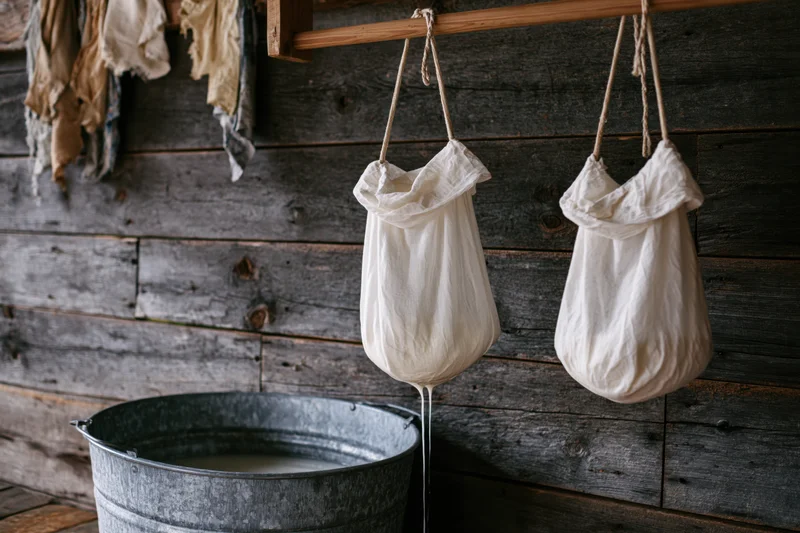 Two white cloth bags filled with curds hanging from a wooden beam above a metal bucket in a rustic farmhouse setting