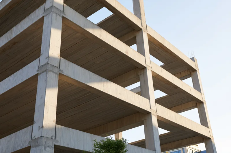 Low-angle view of unfinished brutalist concrete building skeleton with exposed beams and columns under daylight