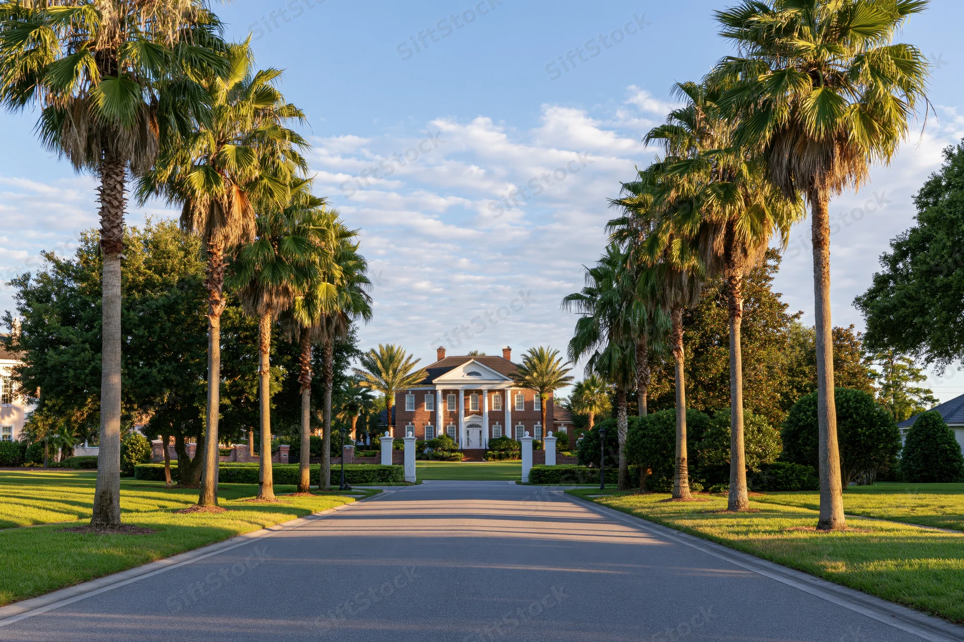 Palm-lined driveway leading to a brick mansion in a florida residential neighborhood