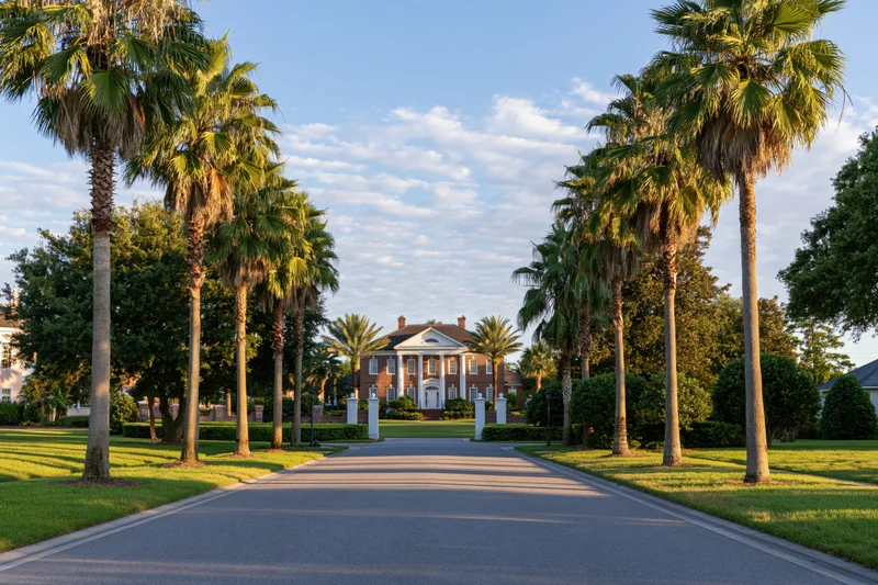 Palm-lined driveway leading to a brick mansion in a florida residential neighborhood