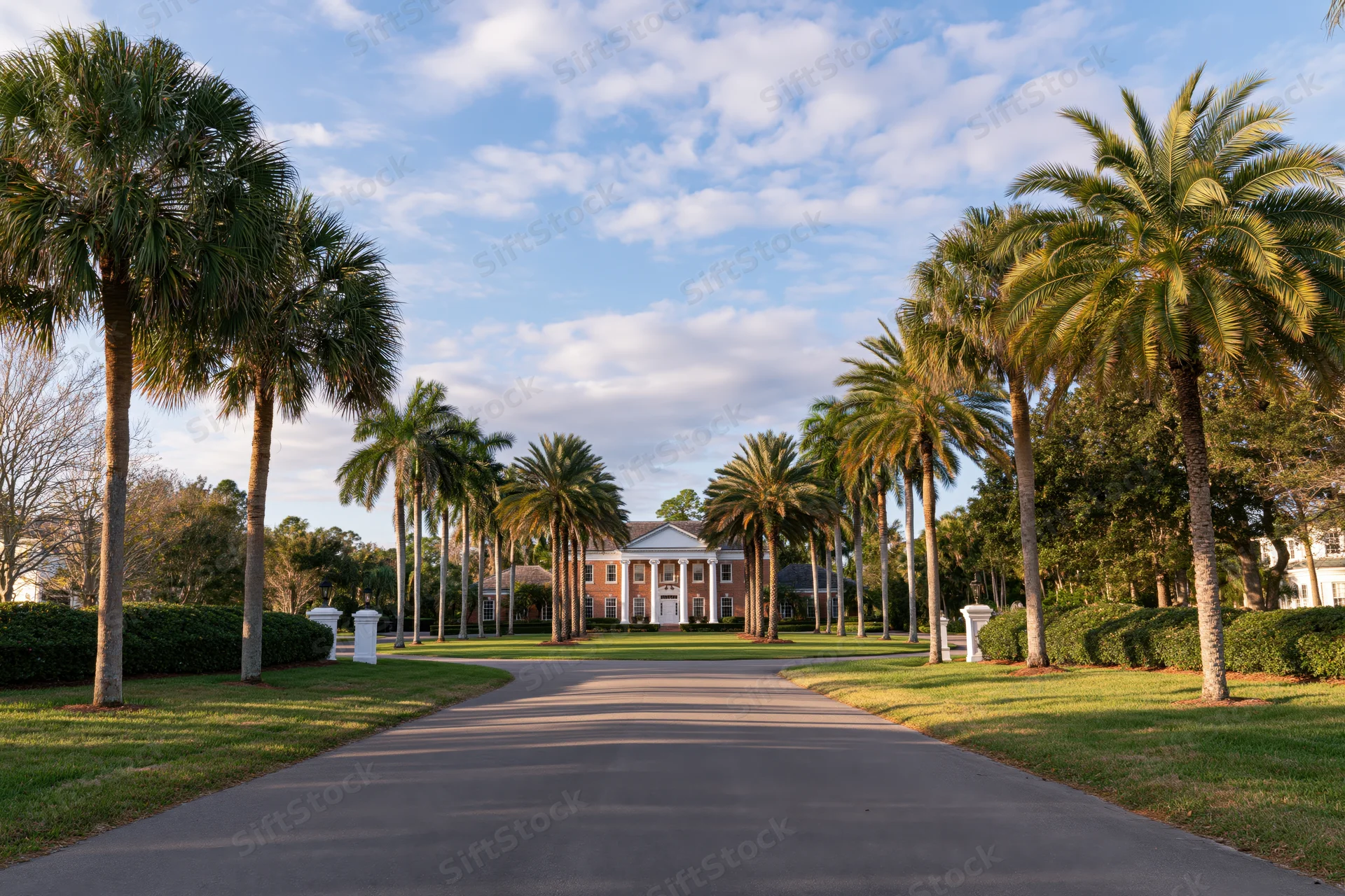 Palm-lined driveway leading to a brick mansion in a florida residential neighborhood