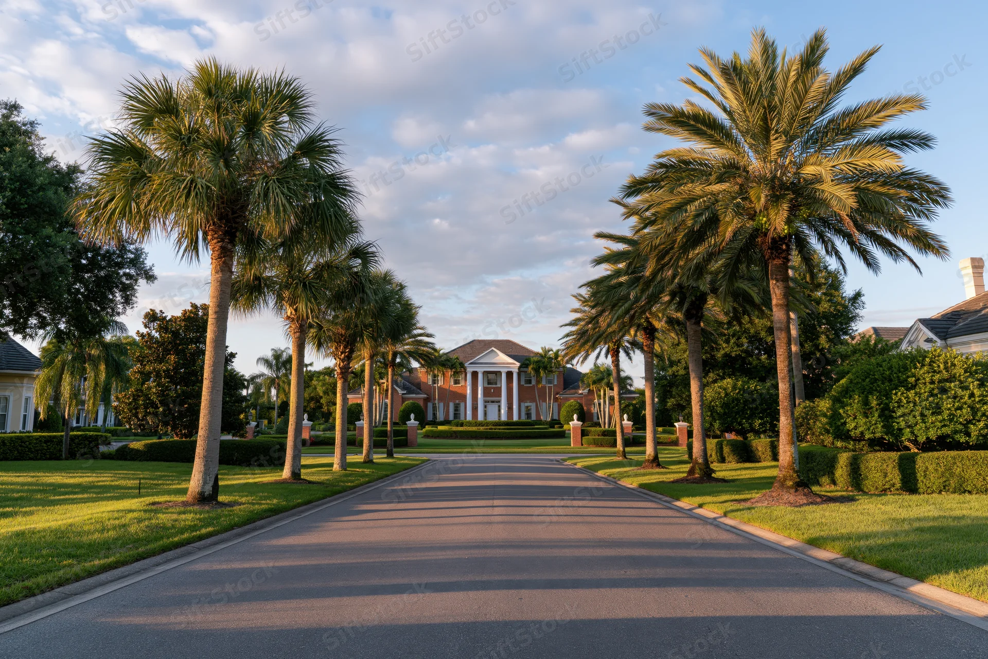 Palm-lined residential street leading to a mansion with columns and manicured lawn in florida