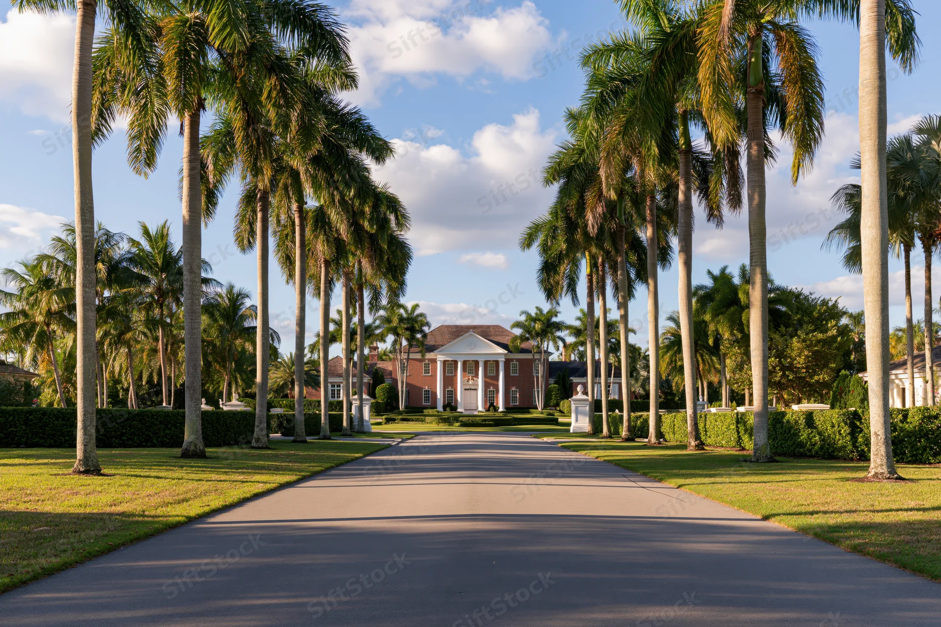 Palm-lined driveway leading to a colonial-style mansion in a Florida residential neighborhood