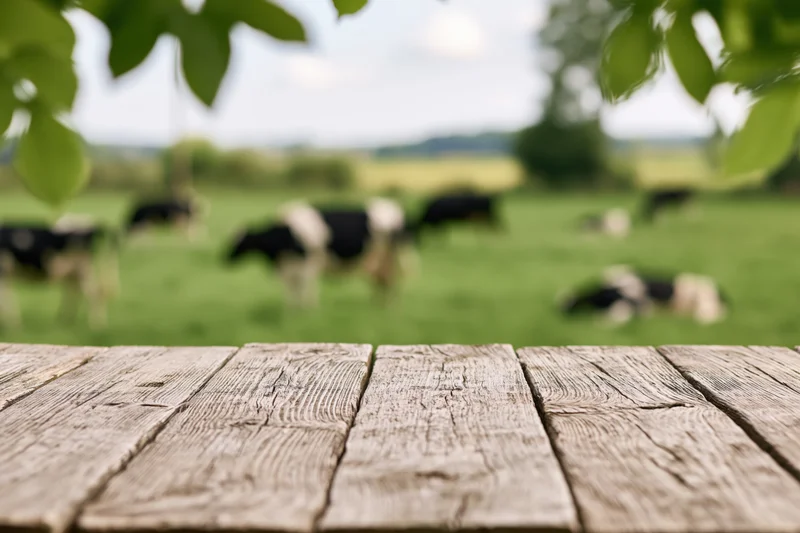 Weathered wooden plank table in foreground with blurred cows grazing in green pasture beyond