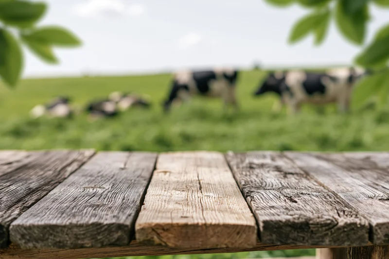 Weathered wooden table surface in foreground with cows grazing in blurred green pasture behind