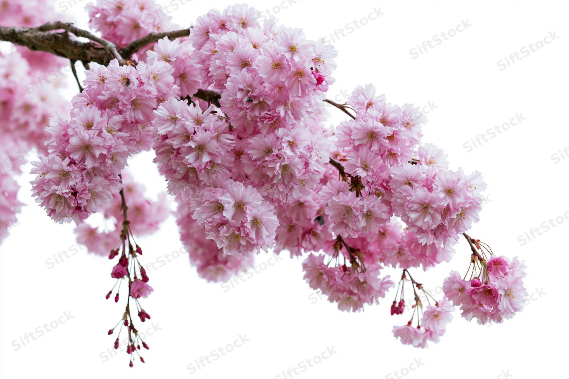 Weeping cherry blossom branch heavy with dense pink flowers against white background