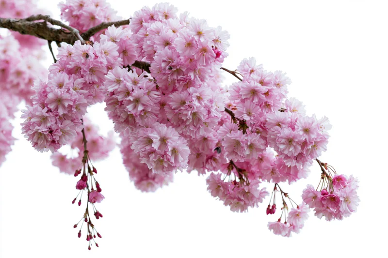 Weeping cherry blossom branch heavy with dense pink flowers against white background