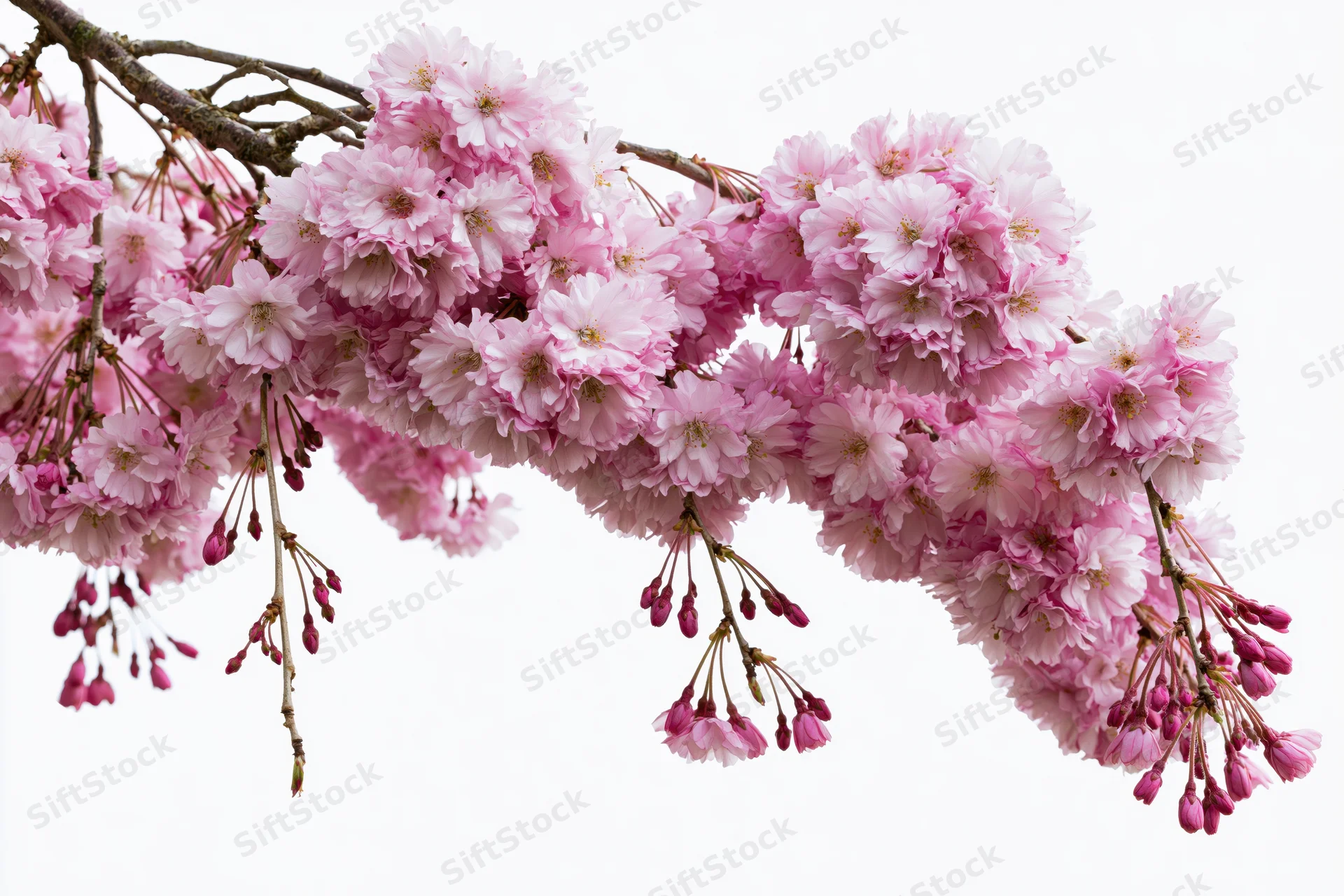 Weeping cherry blossom branch heavy with dense pink flowers isolated on white