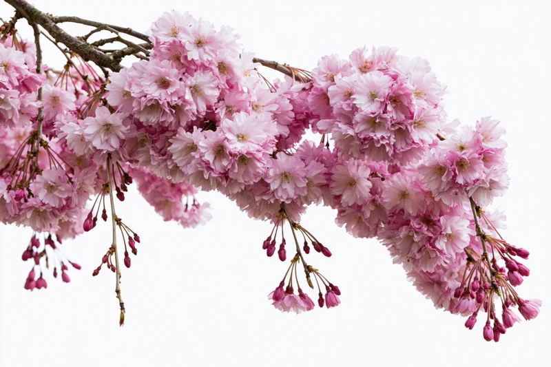 Weeping cherry blossom branch heavy with dense pink flowers isolated on white