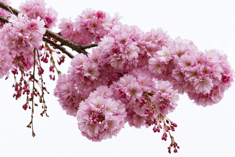 Weeping cherry blossom branch heavy with dense pink flowers isolated on white