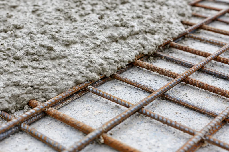 Wet concrete being poured over a steel rebar grid on a construction site