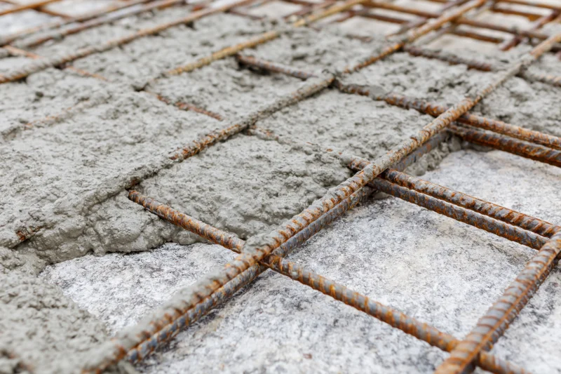 Wet concrete poured over steel rebar grid on a construction foundation