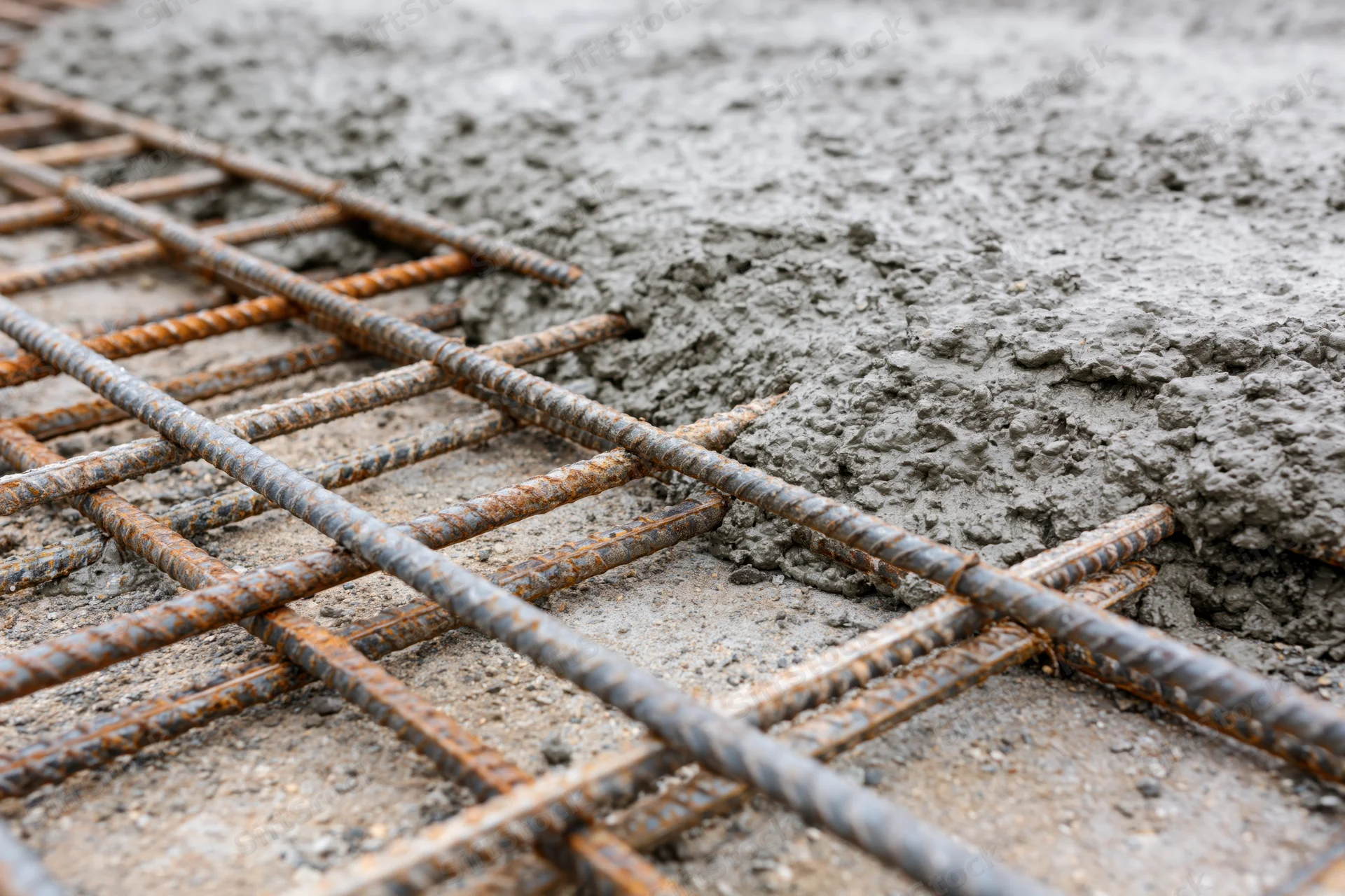 Wet concrete being poured over a steel rebar grid on a construction site