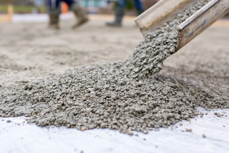 Wet concrete pouring from a metal chute onto a flat construction surface