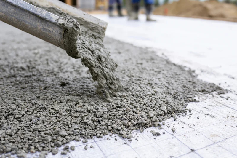Wet concrete pouring from a metal chute onto a grid-reinforced foundation at a construction site