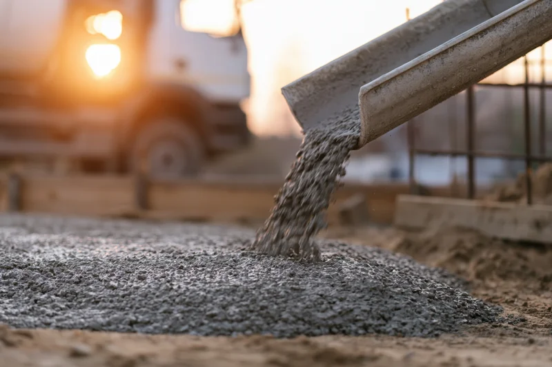 Wet concrete pouring from a mixer truck chute onto a road foundation at a construction site