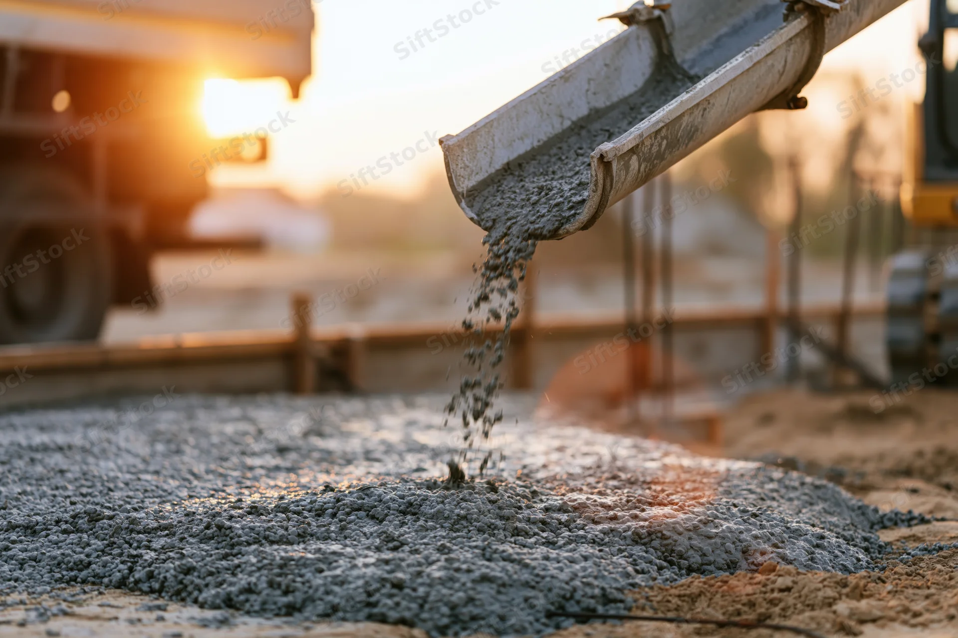 Wet concrete pouring from a mixer truck chute onto a road foundation at a construction site during sunset