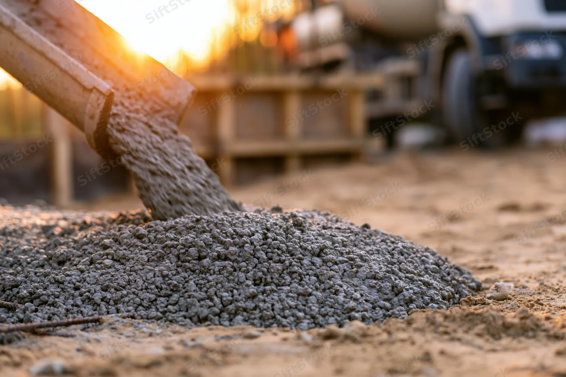 Wet concrete pouring from a mixer truck chute onto a road construction site at sunset