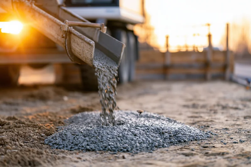 Wet concrete pouring from a mixer truck chute onto a road surface
