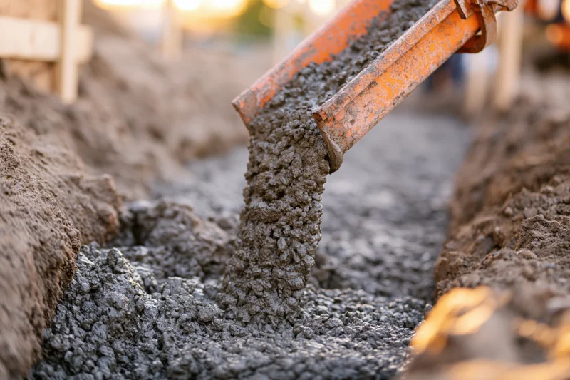 Wet concrete pouring from an orange metal chute into a narrow trench at a construction site