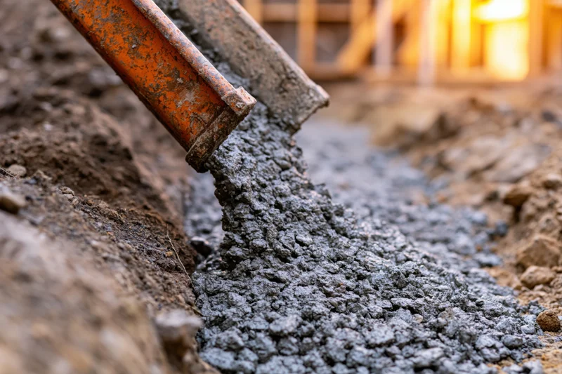Wet concrete pouring from an orange metal chute into a narrow trench at a construction site