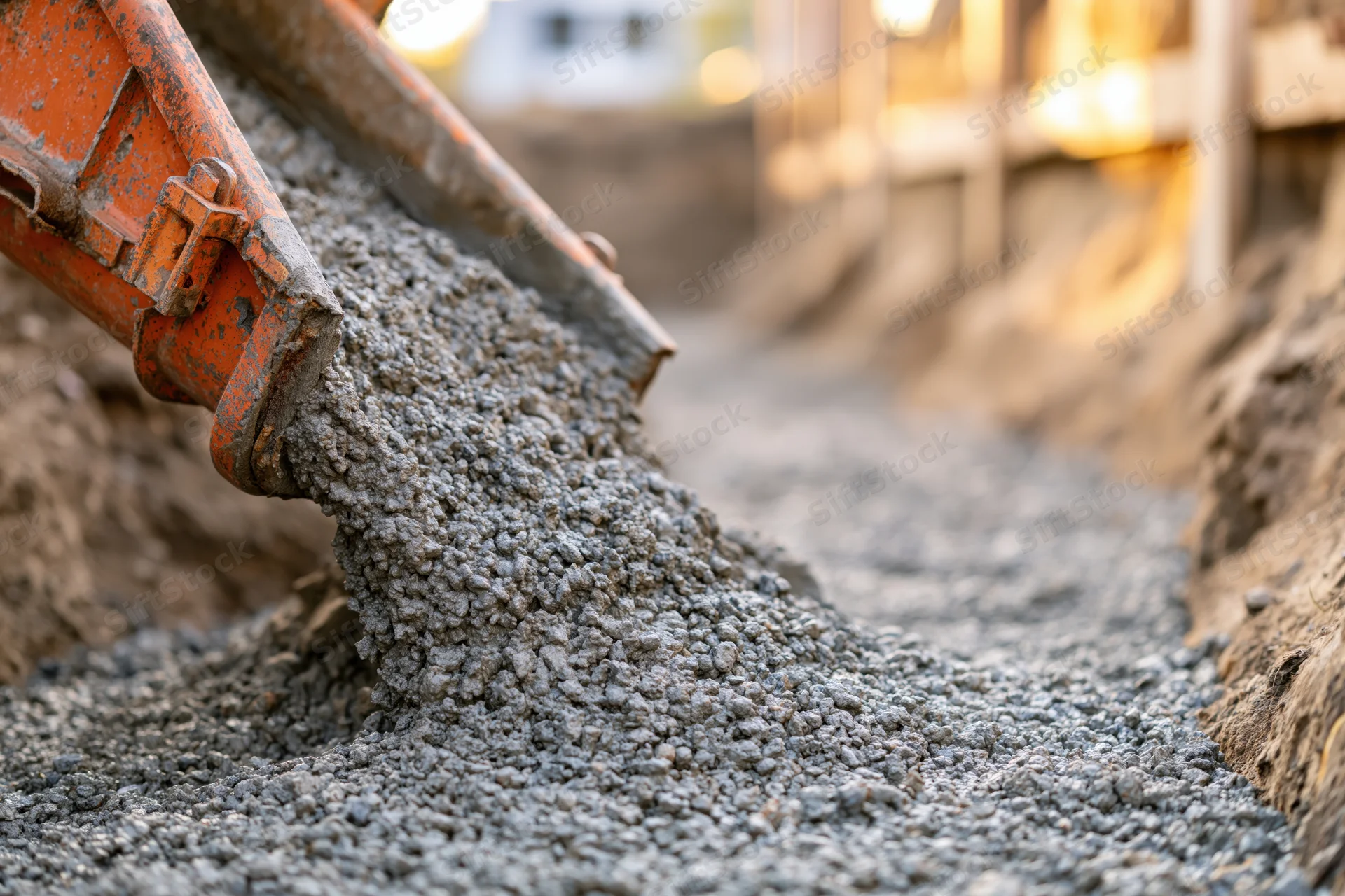 Wet concrete pouring from an orange metal chute into a narrow trench at a construction site