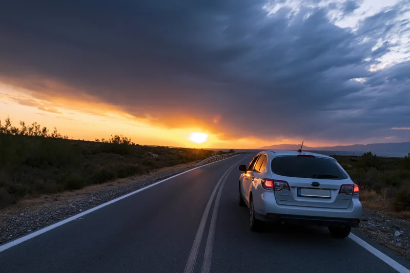 White suv driving away on winding coastal highway at sunset