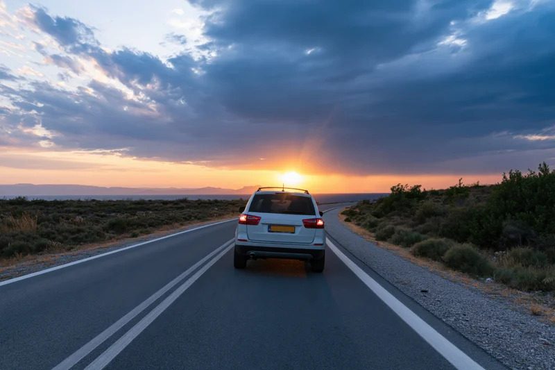 White suv driving away on a coastal highway at sunset