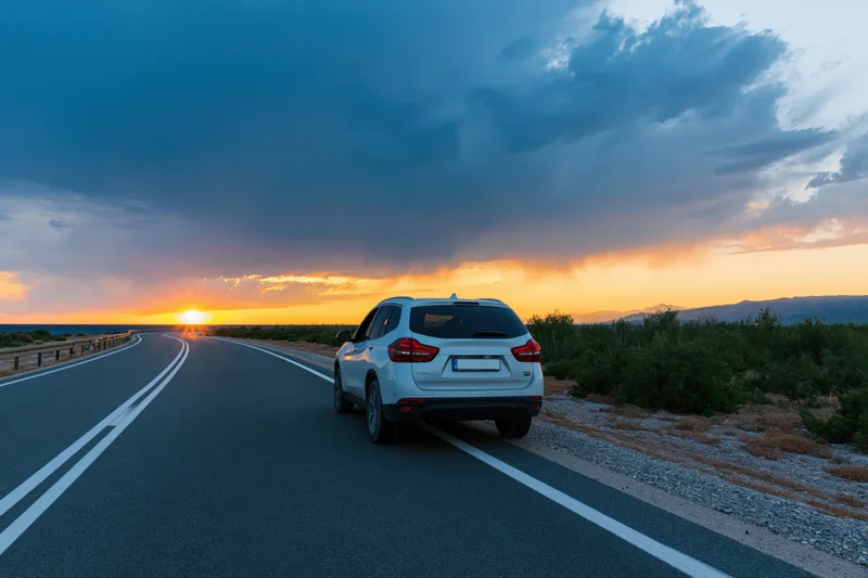 White suv driving away on a curving coastal highway at sunset