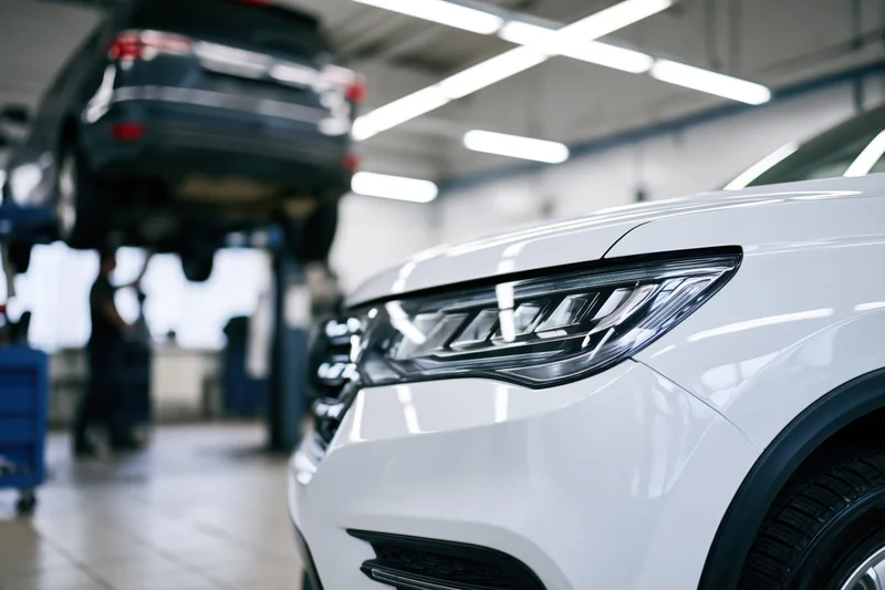 White suv front end with led headlight in focus in a repair garage with another vehicle on lift in background