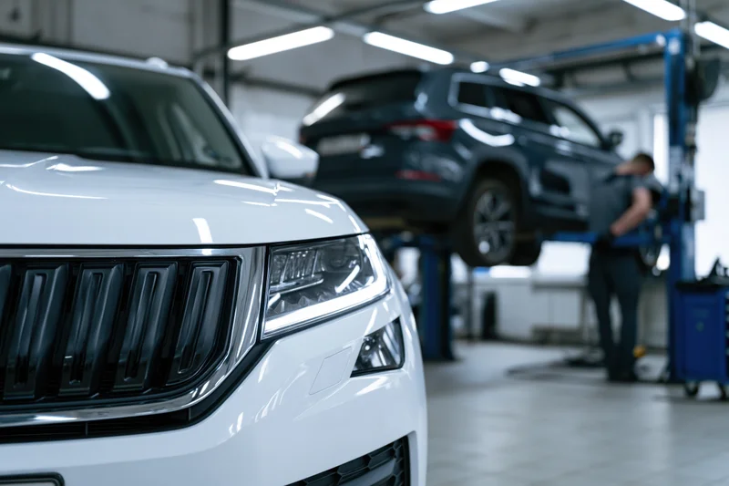 White suv front end in focus with mechanic working on blue suv on lift in background garage