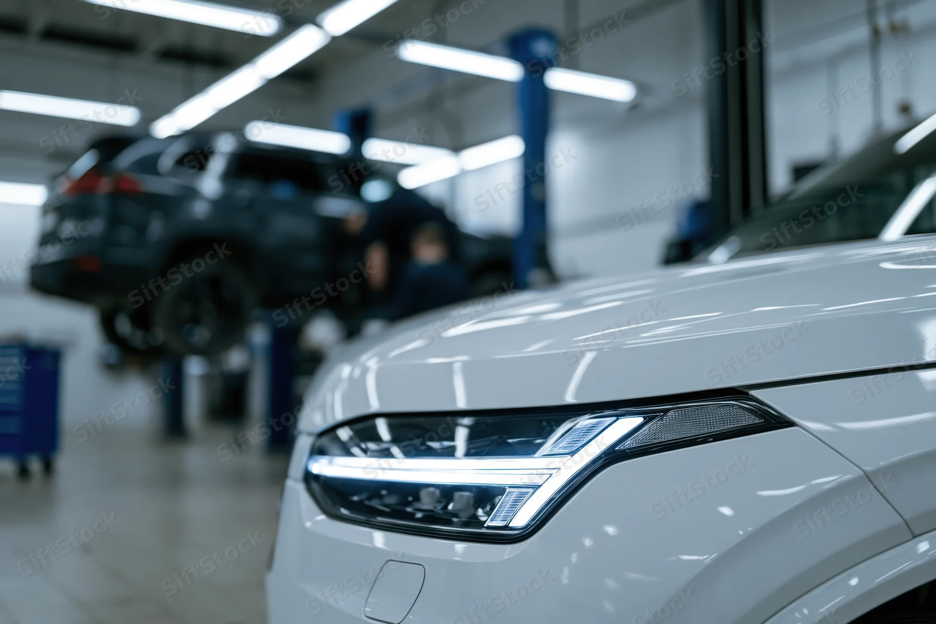White suv front end with led headlights in a repair garage with another vehicle on lift in background